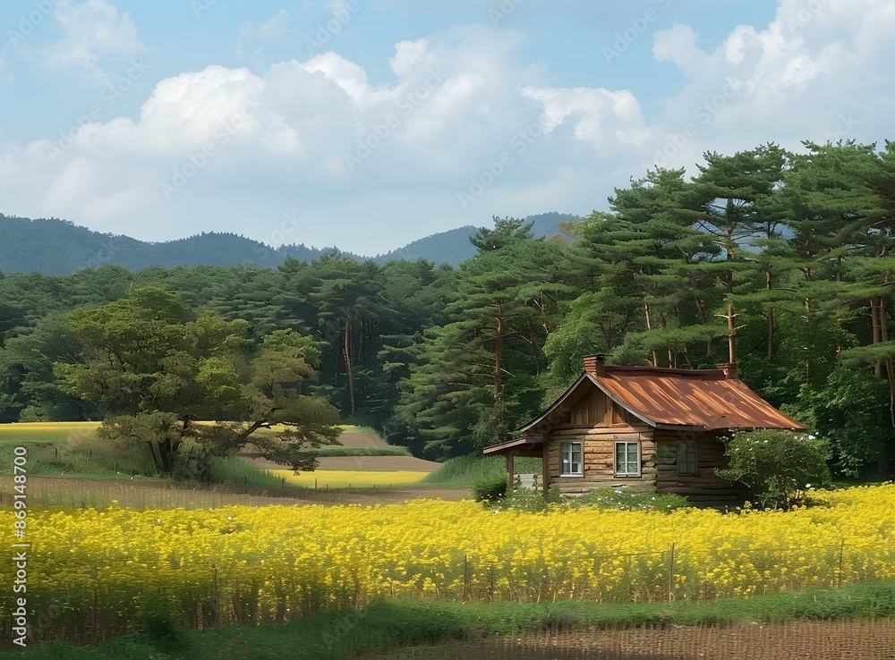 Obraz premium Small wooden house in a field of yellow flowers with forest and mountains in the background