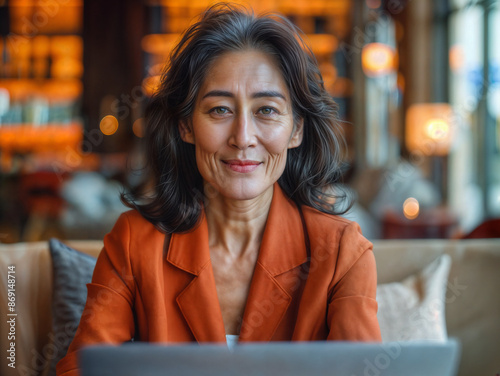 Entrepreneur business woman old asian working on laptop in a modern cafe shop, remote worker / digital nomad	
