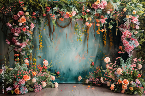 Maternity backdrop, wedding backdrop, photography background with delicate flowers and vintage wall.