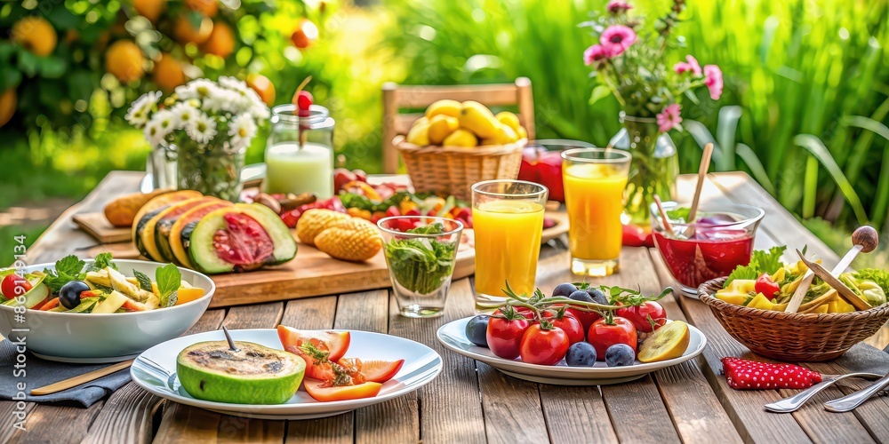 Summer table with fresh fruits, salad, grilled vegetables, and refreshing drinks , summer, table, food, fresh, fruits Summer table with fresh fruits, salad, grilled vegetables, and refreshing drinks , summer, table, food, fresh, fruits