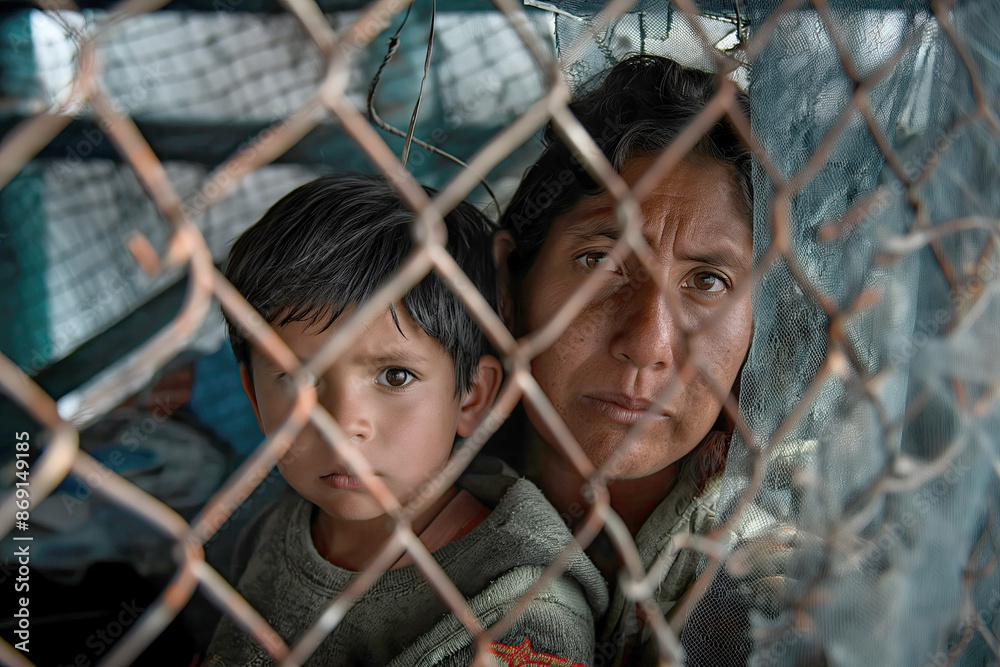 A refugees mother and child behind a chain-link fence looking directly at the camera with serious expressions, with a dark interior in the background.. A refugees mother and child behind a chain-link fence looking directly at the camera with serious expressions, with a dark interior in the background..