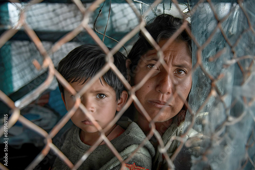 A refugees mother and child behind a chain-link fence looking directly at the camera with serious expressions, with a dark interior in the background.. © Irina B
