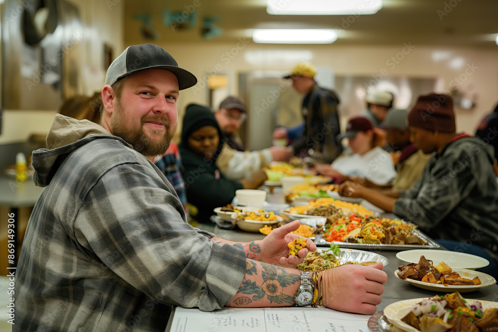 homeless Man with tattoos eating in a crowded community dining hall.. homeless Man with tattoos eating in a crowded community dining hall..