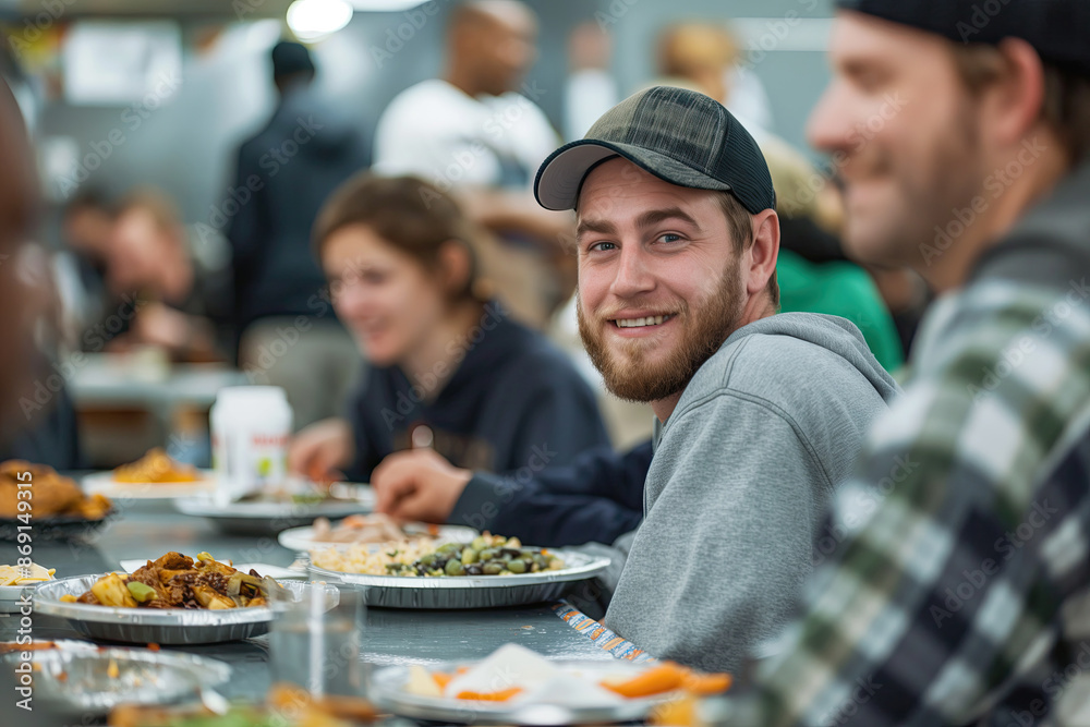 Young homeless man in a cap smiling while dining at a community center.. Young homeless man in a cap smiling while dining at a community center..
