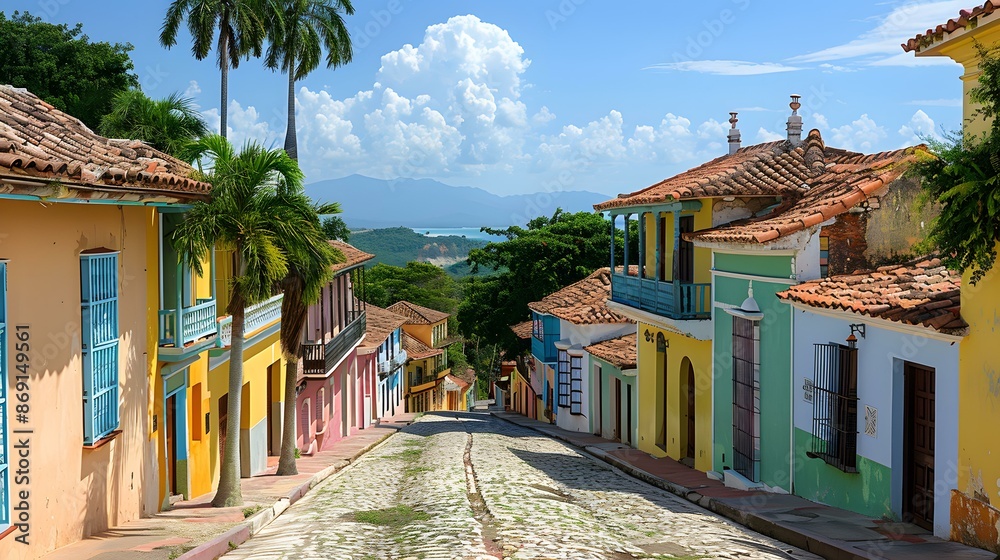 Fototapeta premium Street in Trinidad, Cuba with colorful colonial buildings and palm trees