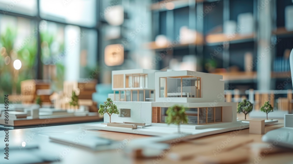 Architects creating minimalist house and park models, blurred modern office setting. Architects creating minimalist house and park models, blurred modern office setting.