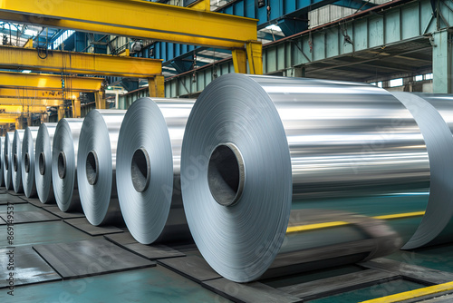 Rolls of shiny aluminum sheets in a modern industrial factory setting ready for processing..