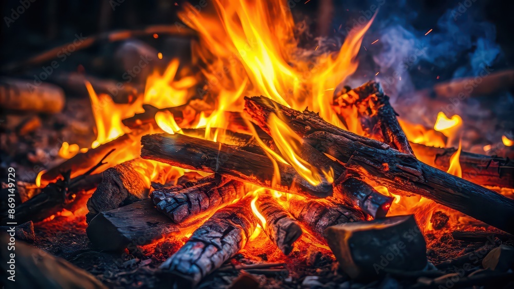 Embers from a lone campfire glowing in the darkness , fire, isolated, heat, flames, burning, warm, wood, cozy, night, dark Embers from a lone campfire glowing in the darkness , fire, isolated, heat, flames, burning, warm, wood, cozy, night, dark