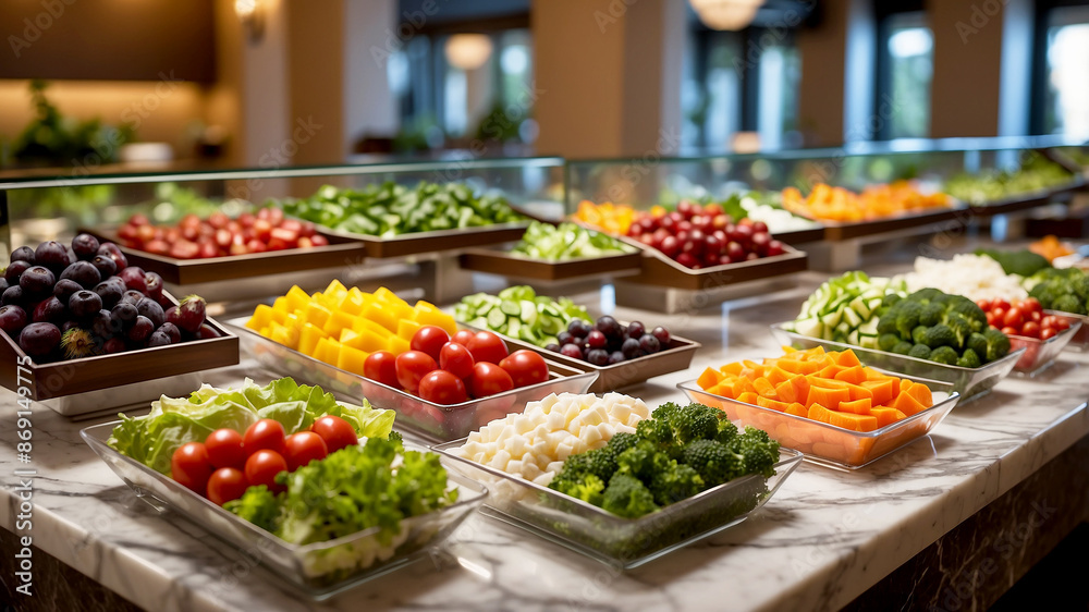 luxurious hotel salad bar. The image showcases an array of fresh vegetables, fruits, and toppings neatly arranged in glass containers luxurious hotel salad bar. The image showcases an array of fresh vegetables, fruits, and toppings neatly arranged in glass containers