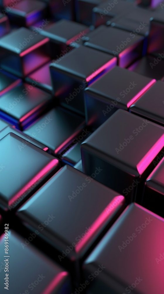 Glossy black 3D cubes with neon pink and blue edges Glossy black 3D cubes with neon pink and blue edges