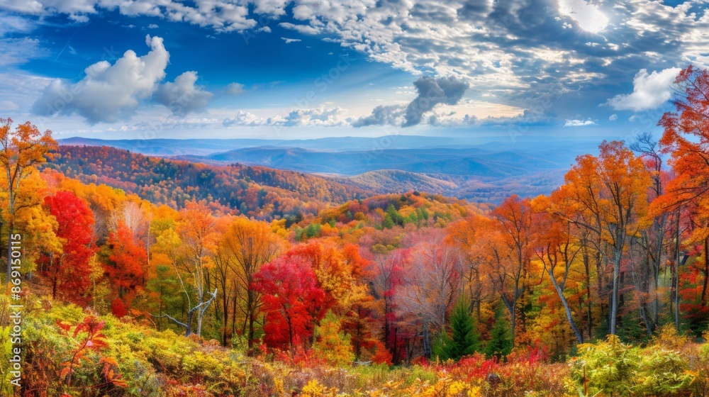 A beautiful autumn landscape with a mountain range in the background A beautiful autumn landscape with a mountain range in the background