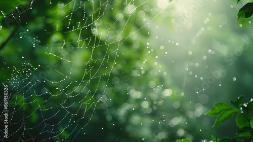 A spider web is seen in the middle of a lush green forest