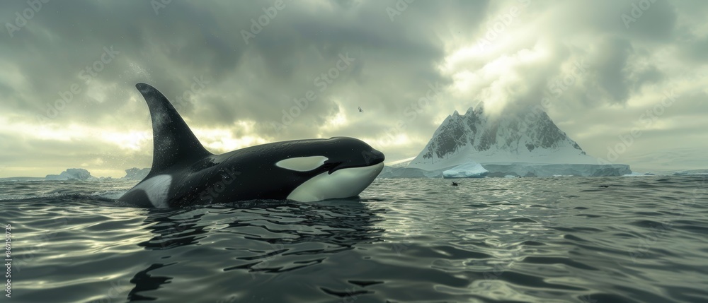 Fototapeta premium Majestic Orca Swimming Around Iceberg in High with Cloudy Sky Background