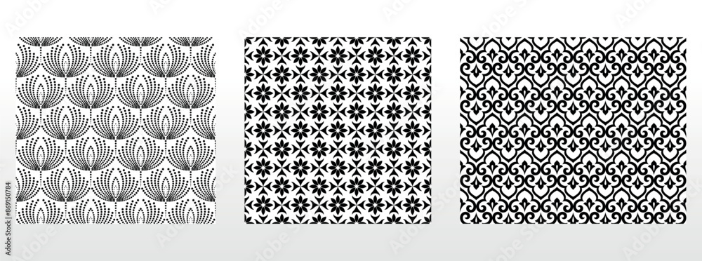 Geometric floral set of seamless patterns. White and black vector backgrounds. Damask graphic ornaments.