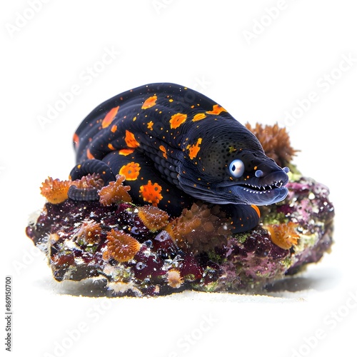 Black and orange spotted moray eel on rock photo