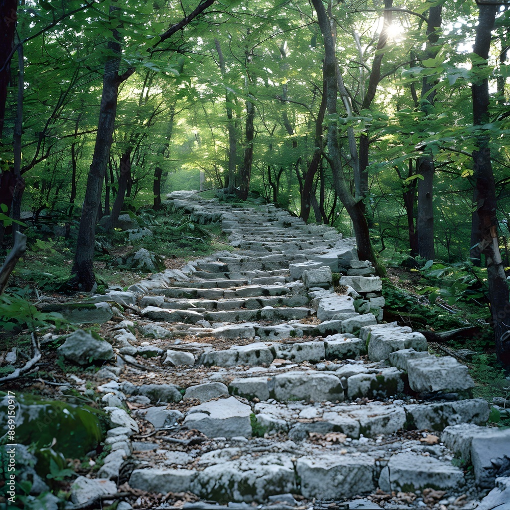 Fototapeta premium Stone path through the green forest