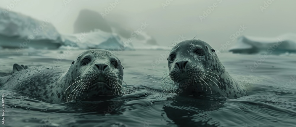 Obraz premium Majestic Seals Swimming by Iceberg in with Twilight Sky and Ocean Background