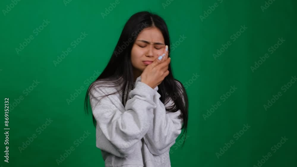 Young woman in a studio, suffering from a painful toothache. The unhappy female shows signs of dental health problems, oral disease, and despair, highlighting the need for dental care and healthcare Young woman in a studio, suffering from a painful toothache. The unhappy female shows signs of dental health problems, oral disease, and despair, highlighting the need for dental care and healthcare