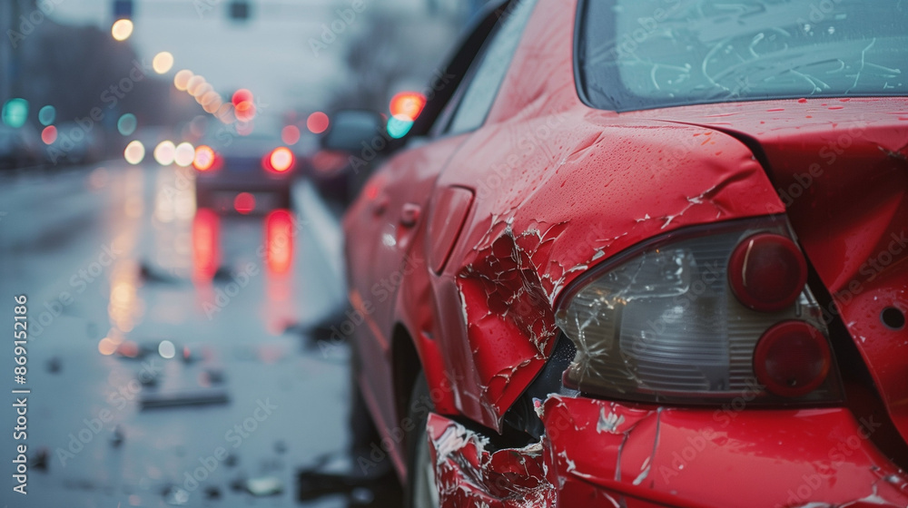 Red Car with Rear-End Damage in Traffic Accident. A vivid image ...