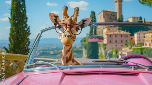 A giraffe with glasses sits in a pink car on the background of the Italian landscape	
