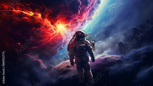 An astronaut person floats in space with a dramatic backdrop of swirling red purple and blue nebulae
