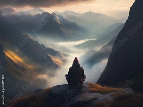 An image of a man sitting on the edge of a cliff overlooking a mountain range