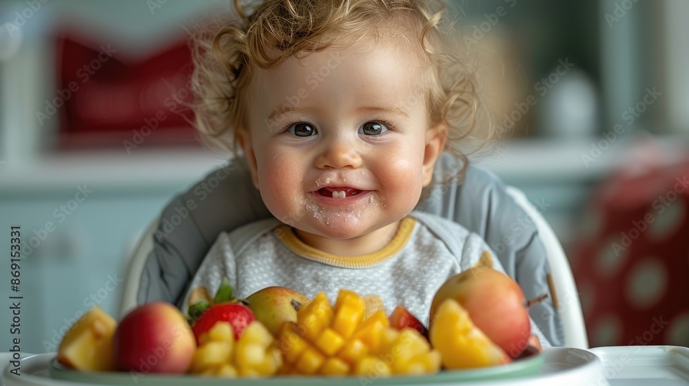 caucasian baby sitting in a high chair on kitchen at home eating fruit from plate, laughing and smiling at the camera caucasian baby sitting in a high chair on kitchen at home eating fruit from plate, laughing and smiling at the camera
