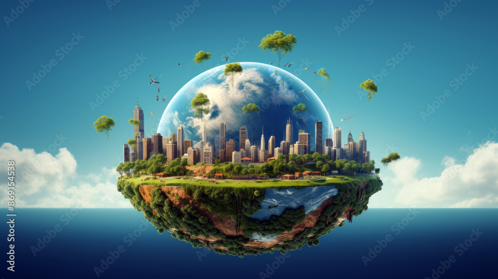Naklejka premium Planet earth with green city and trees.