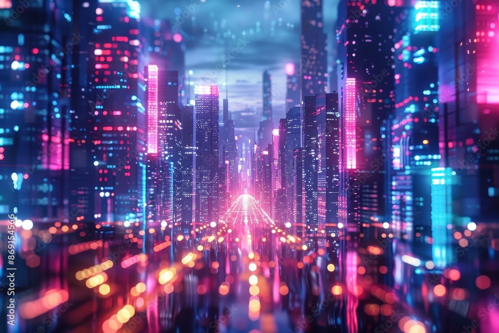 Fototapeta premium Futuristic cityscape with neon lights and digital effects, depicting a technologically advanced urban environment at night.