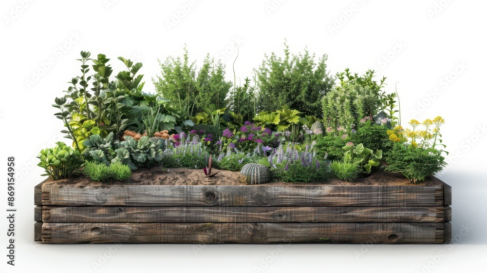 Wooden raised garden bed filled with diverse herbs and vegetables, offering a vibrant display of lush, green foliage and colorful plants. Wooden raised garden bed filled with diverse herbs and vegetables, offering a vibrant display of lush, green foliage and colorful plants.
