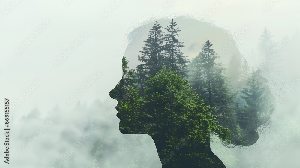 Abstract double exposure of a woman's head profile and a forest landscape, with green trees in a foggy background. A concept for mind body balance, self healing or nature harmony. An abstract double e Abstract double exposure of a woman's head profile and a forest landscape, with green trees in a foggy background. A concept for mind body balance, self healing or nature harmony. An abstract double e