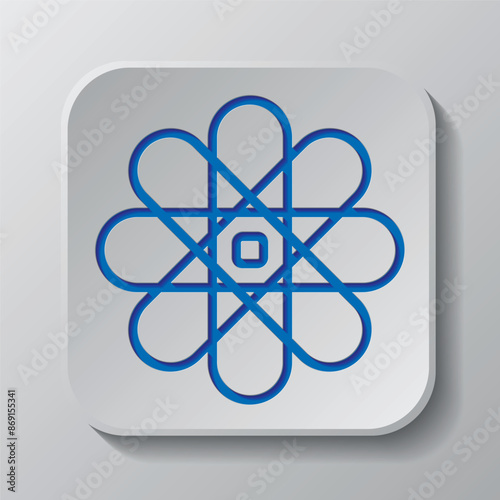 Atom simple icon, vector. Flat design. Paper cut design. Cutted blue symbol with shadow. Gray badge button, gray background