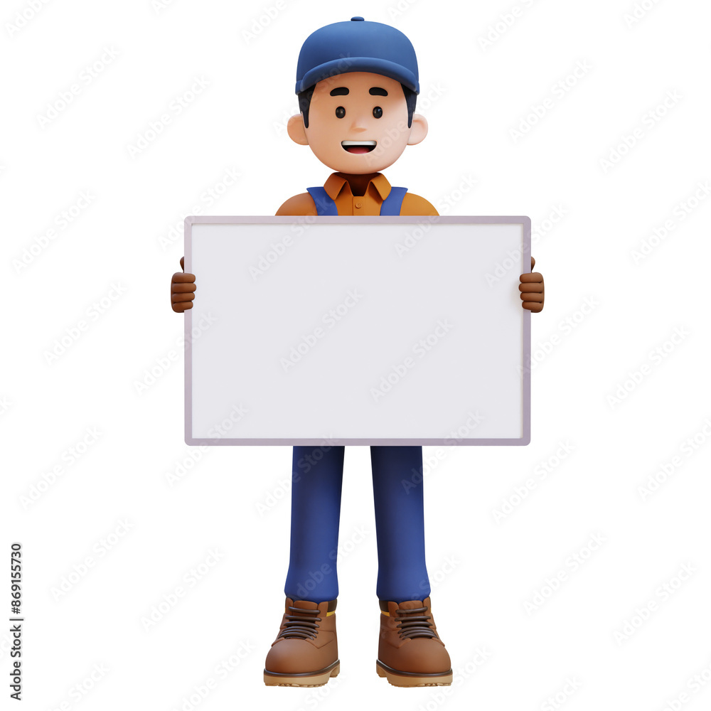 3D Construction Worker Character Holding Empty Placard