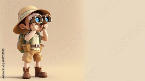 A 3D cartoon illustration of a boy dressed as an explorer, looking through binoculars. photo