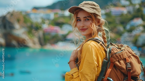 Fototapeta Naklejka Na Ścianę i Meble -  portrait of young tourist with backpack and defocused Mediterranean town in the background