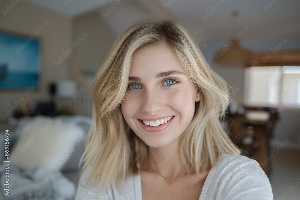 A beautiful blonde woman with blue eyes smiles while taking a selfie in her living room. Looking at the camera, she has shoulder-length hair and wears light-colored . The background is blurry and out A beautiful blonde woman with blue eyes smiles while taking a selfie in her living room. Looking at the camera, she has shoulder-length hair and wears light-colored . The background is blurry and out