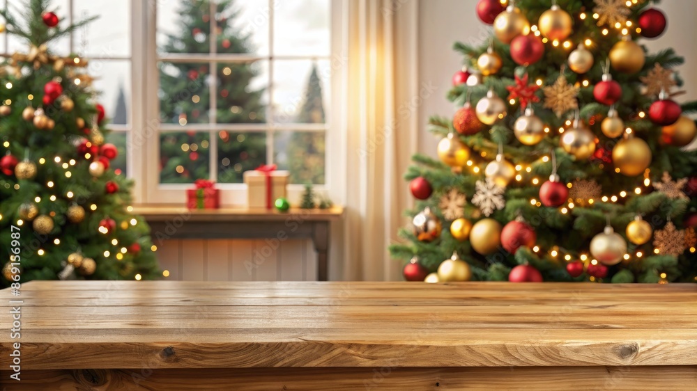 Empty table in front of christmas tree with decorations background. For product display montage Empty table in front of christmas tree with decorations background. For product display montage