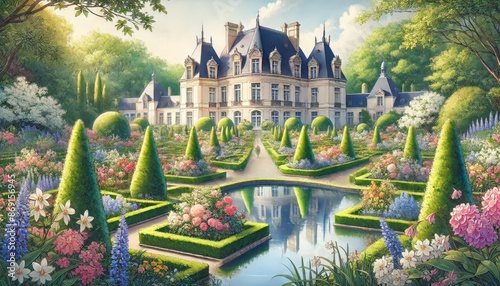 An enchanting view of French château in spring, surrounded vivid gardens, flowering hedges, and a tranquil pool.jpeg