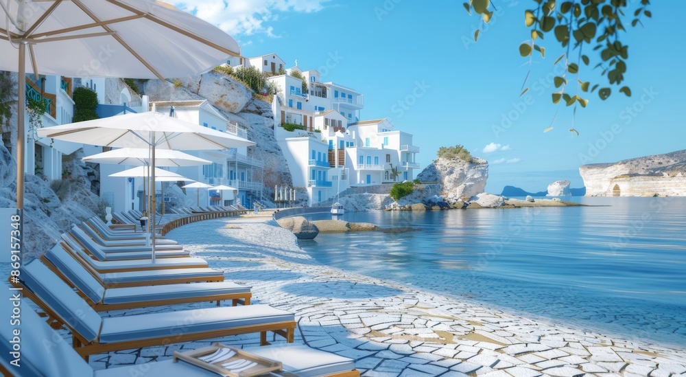 Obraz premium beach with blue and white buildings, mediterranean style houses on the cliff overlooking sea, summer landscape with sun loungers under umbrellas, clear sky, mediterranean vacation and travel concept 