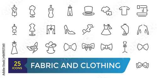 Fabric and Clothing icon set. Such as textile, wool, fur, corduroy, cotton, and more. Collection and pack of linear web and ui icons. Editable stroke. Vector illustration