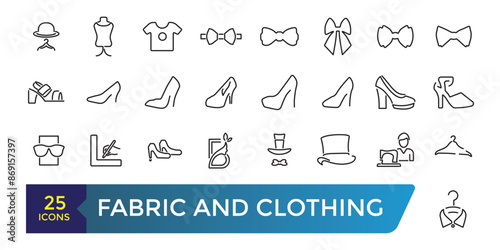 Fabric and Clothing icon set. Such as textile, wool, fur, corduroy, cotton, and more. Collection and pack of linear web and ui icons. Editable stroke. Vector illustration