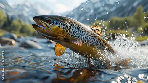 A brown trout is seen leaping out of the clear, rushing waters of a pristine mountain stream, with snowy peaks and lush greenery in the background during a sunny day.