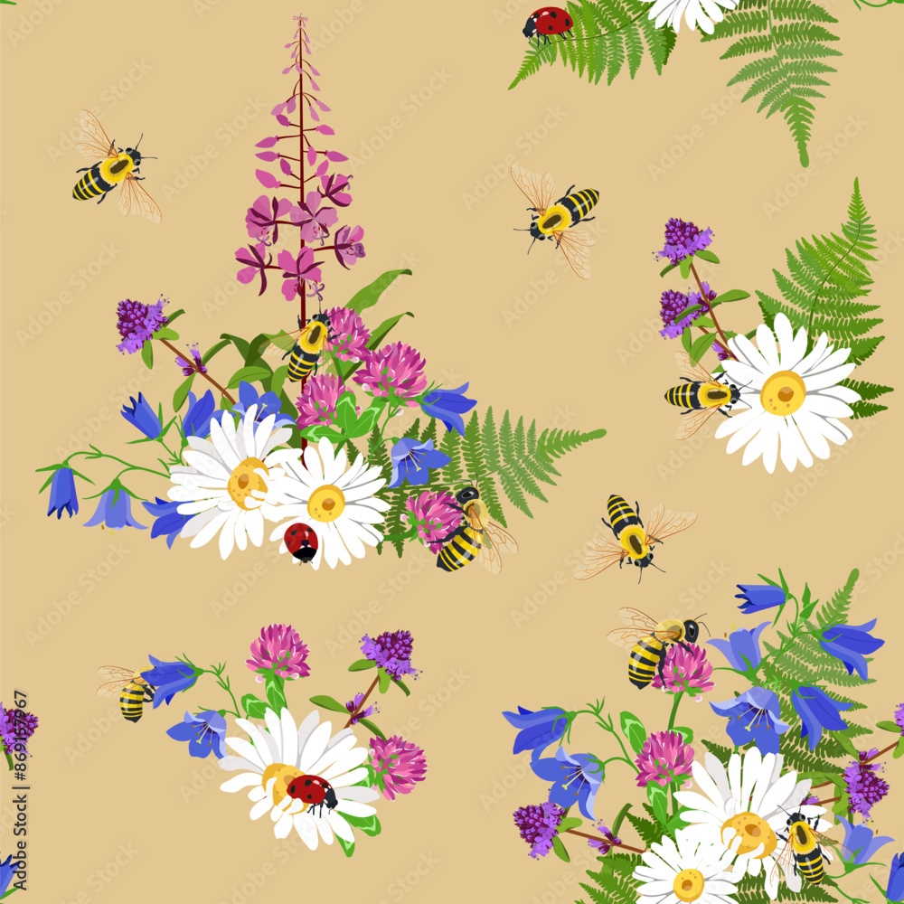 Excellent seamless pattern with wild flowers and insects illustration Excellent seamless pattern with wild flowers and insects illustration