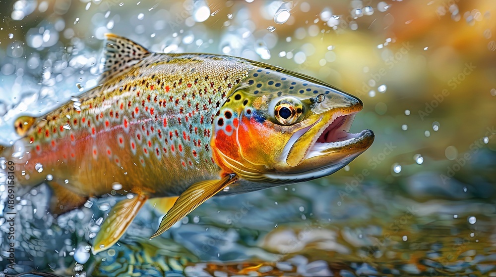 A vibrant close-up of a colorful trout swimming in clear water, capturing the intricate details and patterns on the fish's scales, surrounded by a sparkling aquatic environment. A vibrant close-up of a colorful trout swimming in clear water, capturing the intricate details and patterns on the fish's scales, surrounded by a sparkling aquatic environment.