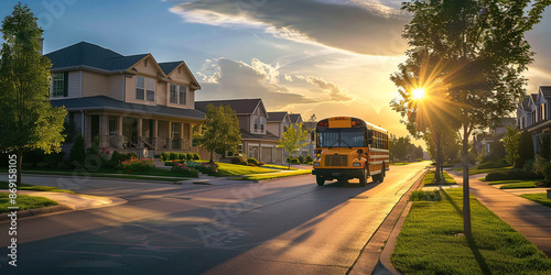 Yellow School Bus Driving Down a Quiet Residential Street with Houses and Lush Greenery on a Sunny Day