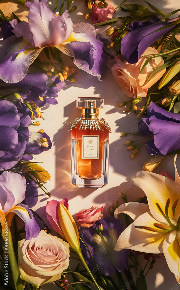 beautiful design background with perfume bottle and flowers for branding and marketing. flat lay. Ai generated.