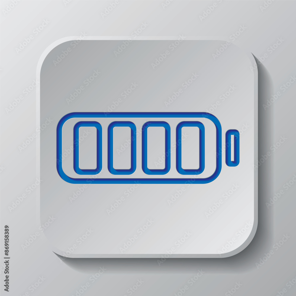 Battery simple icon, vector. Flat design. Paper cut design. Cutted blue symbol with shadow. Gray badge button, gray background Battery simple icon, vector. Flat design. Paper cut design. Cutted blue symbol with shadow. Gray badge button, gray background