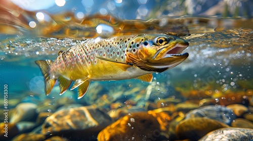 This image captures a majestic brown trout swimming in crystal clear waters, with a vibrant and colorful underwater environment showcasing aquatic life and nature's beauty.