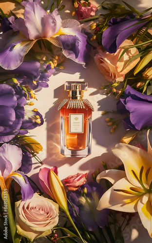 Obraz na płótnie beautiful design background with perfume bottle and flowers for branding and marketing. flat lay. Ai generated. w salonie
