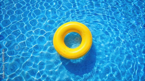 top view of yellow swimming pool ring float in blue water. concept color summer. copy space in left